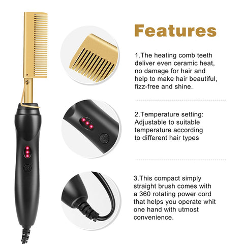 2 in1 Hot Comb Hair Straightener Electric Heating Comb Fast Heating Portable Travel Anti-Scald Beard Straightener Press Comb