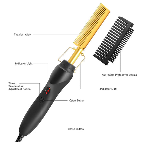 2 in1 Hot Comb Hair Straightener Electric Heating Comb Fast Heating Portable Travel Anti-Scald Beard Straightener Press Comb