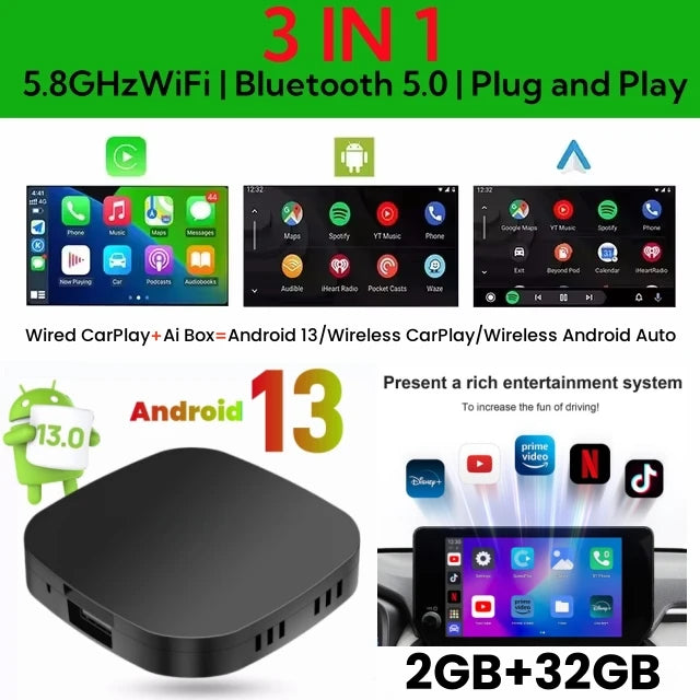 Carplay AI Box Android 13 Wireless Android Auto Smart TV Box For Youtube Netflix Toyota Mazda Hyundai Haval GMC Ford MG VW Kia